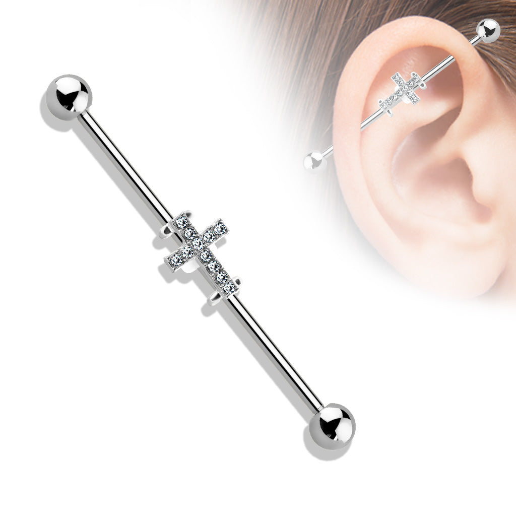 Crystal Paved Cross Surgical Steel Industrial Barbell